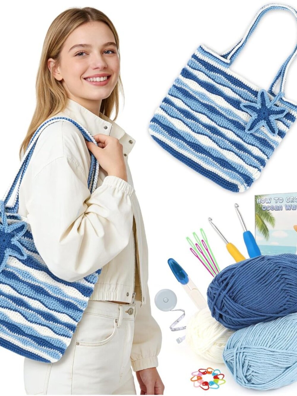 Crochet Bag Kit for Beginners – Blue & White Wave Stripe Shoulder Bag DIY Kit wi